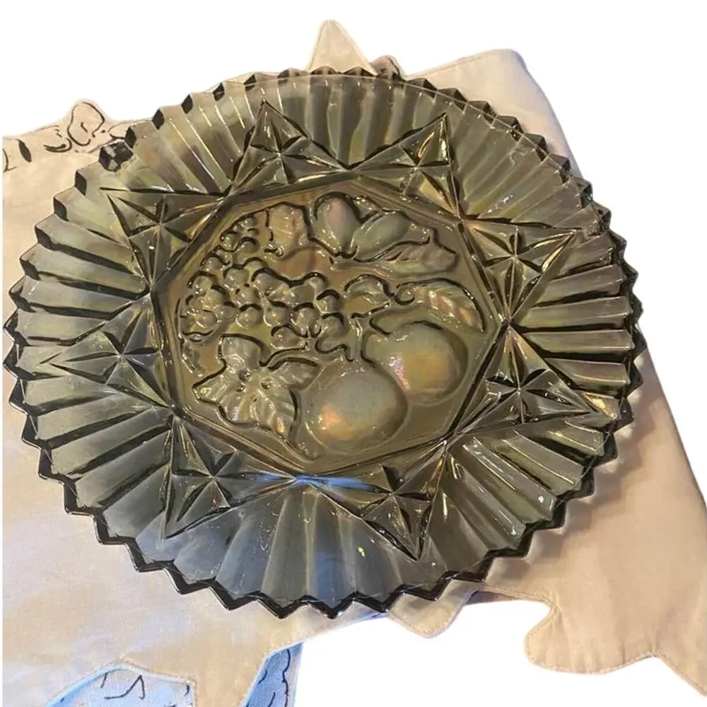 Smoke iridescent carnival glass Federal Glass platter Pioneer Fruit design 10